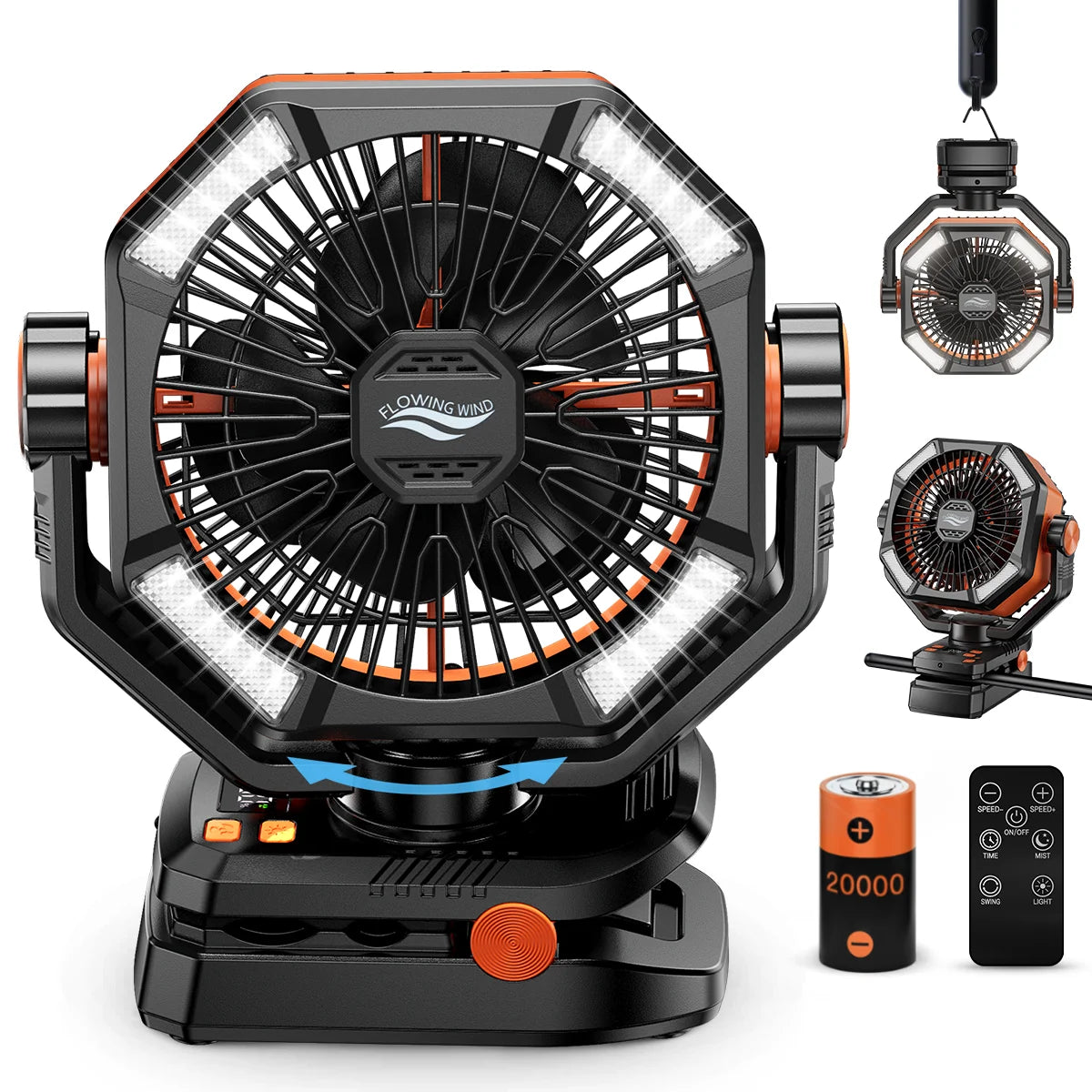 Ventilador de emergencia con batería de 20000 mAh y 4 linternas LED, 8 velocidades