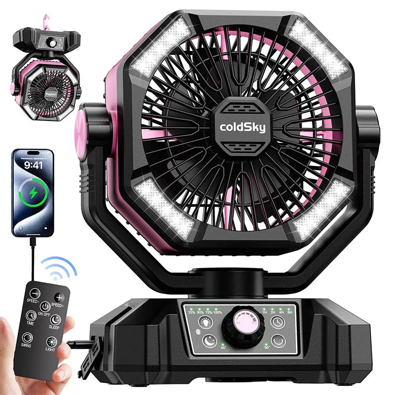 Ventilador de emergencia con batería de 20000 mAh y 4 linternas LED, 8 velocidades