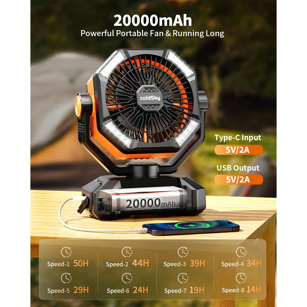 Ventilador de emergencia con batería de 20000 mAh y 4 linternas LED, 8 velocidades