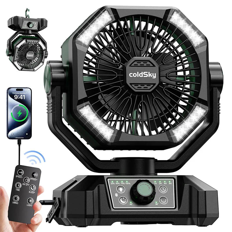 Ventilador de emergencia con batería de 20000 mAh y 4 linternas LED, 8 velocidades